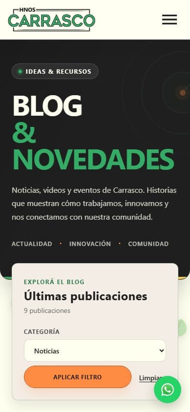 Vista mobile del sitio de Carrasco Hermanos con su presentación institucional y acceso a productos